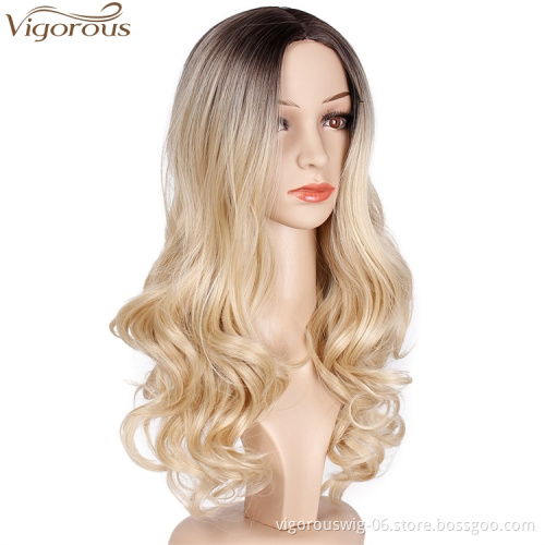 Vigorous Honey Blonde Wig Synthetic Long Wavy Wigs Ombre Middle Part Heat Resistant Fiber Hair Wig for Cosplay Daily Party Women